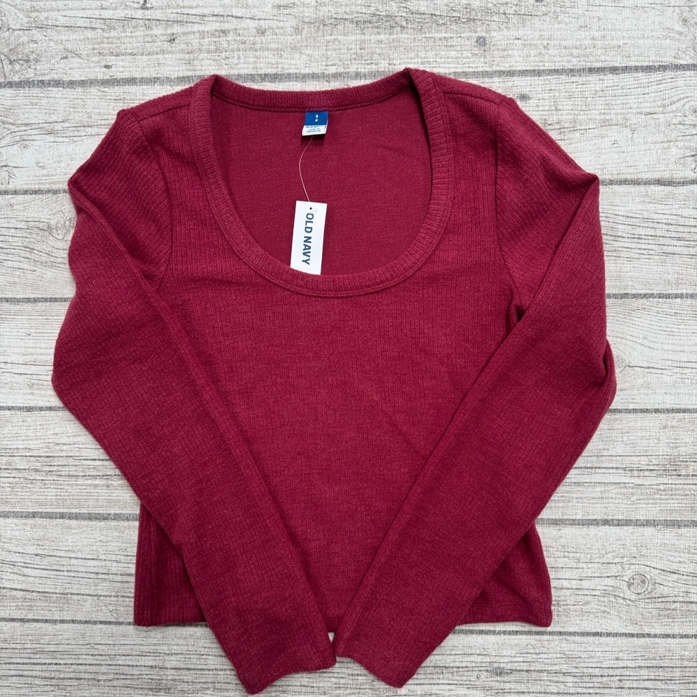 NEW Old Navy Top Womens Small Burgundy Ribbed Scoop Neck Long Sleeve Knit Fitted
